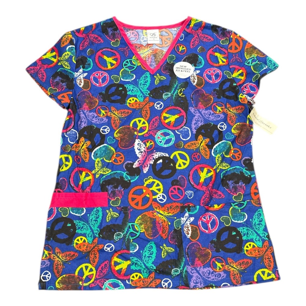 Bobbie‎ Brooks Womens Peace Butterfly Print Scrub Top V Neck Short Sleeve